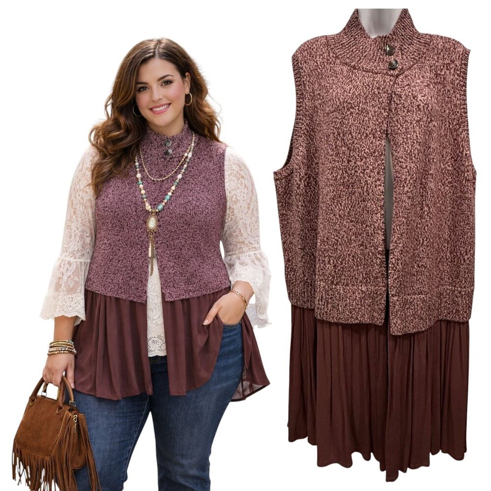 LOGO Lori Goldstein Longline Sweater Vest Cardigan Plum Plus Size 2X Boho Casual